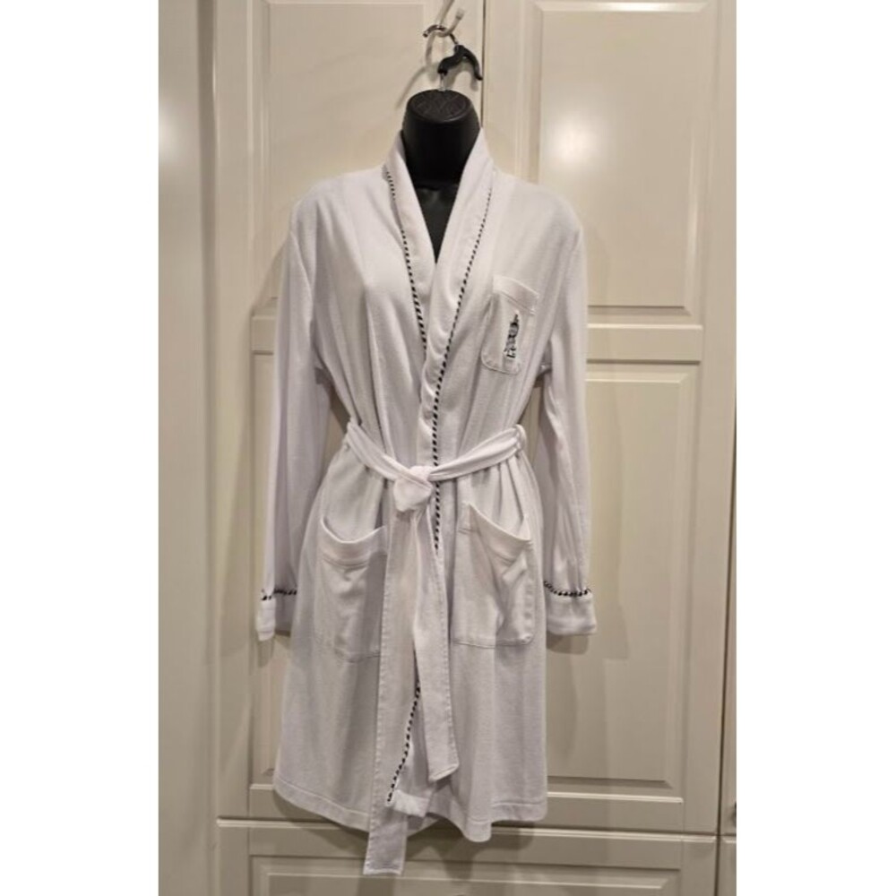Lauren Ralph Lauren Bathrobe Robe - White with Navy Trim & Logo - Womens SMALL